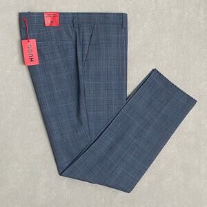 Hugo Boss Men's 40x34 Dress Pant Modern Fit Raw Hem Wool Stretch Blue Plaid NEW